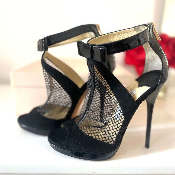 Jimmy Choo “Callie” patent leather fishnet stiletto booties with bows 37 (US 7) - Picture 5 of 10